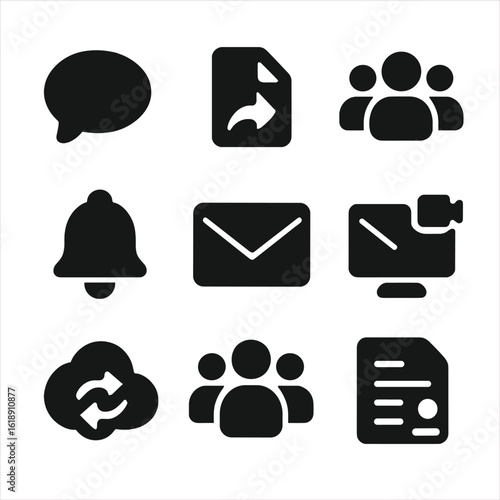 Communication App Icons. Solid, filled icons set of communication and collaboration apps: chat bubble, file