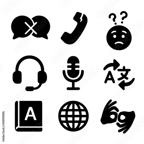 Communication Challenges Icons. Solid, filled icon set of challenges in verbal communication: crossed speech bubbles, broken phone