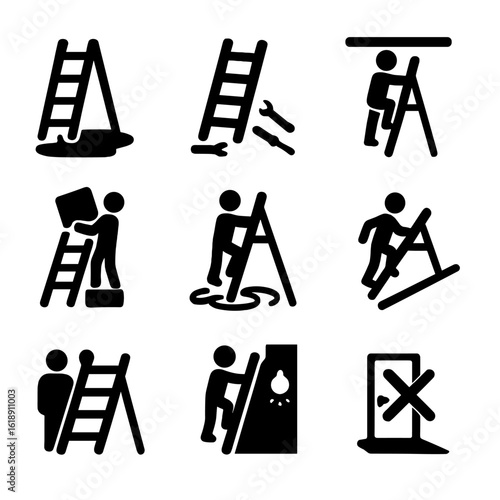 Ladder Hazard Icons. Solid, filled icon set of ladder worksite hazards: spilled liquid, scattered tools, low ceiling, unstable box