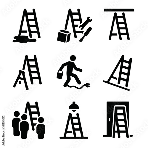 Ladder Hazard Icons. Solid, filled icon set of ladder worksite hazards: spilled liquid, scattered tools, low ceiling, unstable box