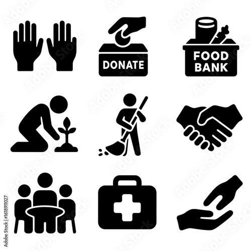 Community Service Icons. Solid, filled icon set of community service activities: volunteer hands, donation box, food bank,