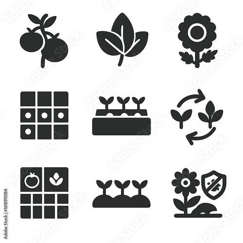 Companion Planting Icons. Solid, filled icons set of companion planting techniques: tomato plant, basil leaf,