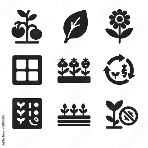 Companion Planting Icons. Solid, filled icons set of companion planting techniques: tomato plant, basil leaf,
