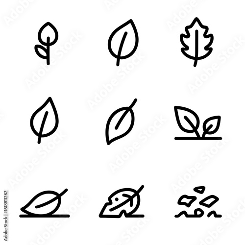 Leaf Growth Icons. Solid, filled icon set of leaf growth stages: bud, young leaf, mature leaf, senescing leaf, abscission layer,