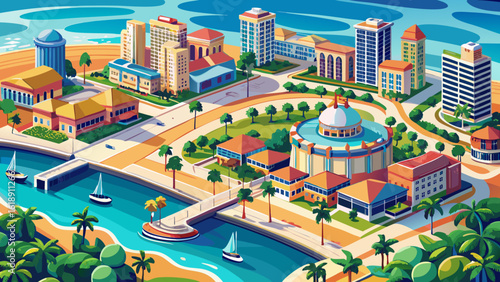 An aerial view of West Palm Beach, Florida shows turquoise waters meeting a city of sunlit towers. Semi-realistic vector style captures palm-lined streets, glowing rooftops, and coastal charm.