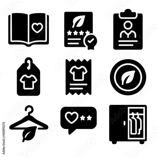 Conscious Fashion Icons. Solid, filled icons set of conscious fashion consumers: style diary, eco rating icon,