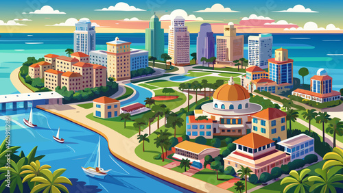 An aerial view of West Palm Beach, Florida shows turquoise waters meeting a city of sunlit towers. Semi-realistic vector style captures palm-lined streets, glowing rooftops, and coastal charm.