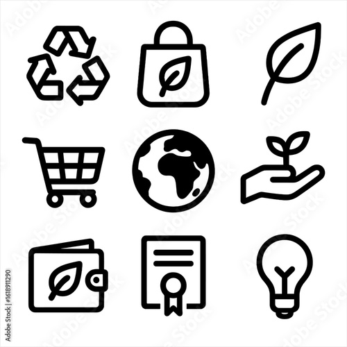 Conscious Consumer Icons. Solid, filled icon set of conscious consumerism advisor: recycling symbol, eco-friendly bag, leaf,