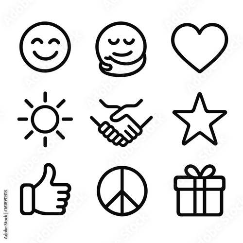 Content Emotion Icons. Solid, filled icon set of content emotions: smile, hug, heart, sunbeam, hand holding, star, thumbs up,