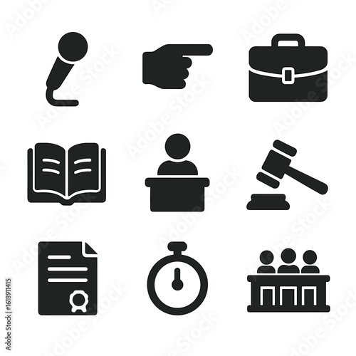 Legal Icon Set. Solid, filled icon set of trial questioning: microphone, pointing hand, legal briefcase, open book, witness stand,