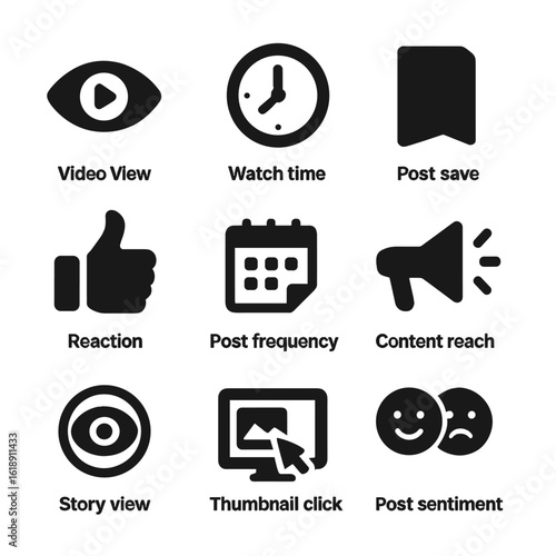 Content Metrics Icons. Solid, filled icons set of content performance metrics: video views, watch time, post
