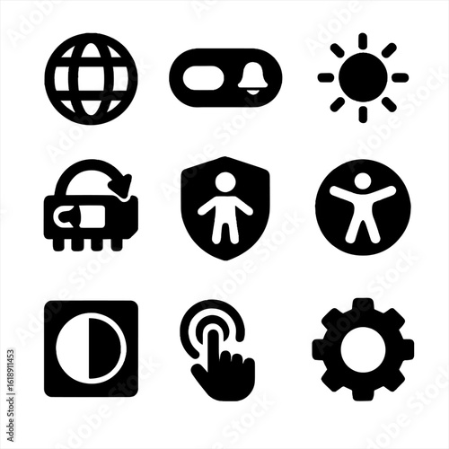 Control Panel Icons. Solid, filled icons set of control panel customization options: language icon, sound