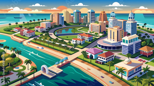 An aerial view of West Palm Beach, Florida shows turquoise waters meeting a city of sunlit towers. Semi-realistic vector style captures palm-lined streets, glowing rooftops, and coastal charm.