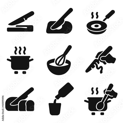 Cooking Action Icons. Solid, filled icon set of cooking actions: chopping, spreading, frying, boiling, mixing, peeling, slicing,