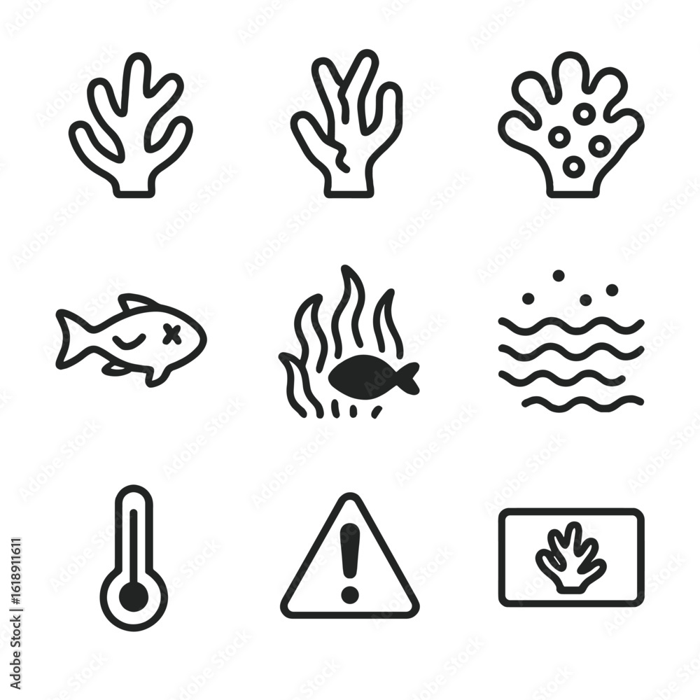 Fototapeta premium Coral Bleaching Icons. Solid, filled icon set of coral bleaching symptoms: white coral, cracked coral, faded colors, dead fish,