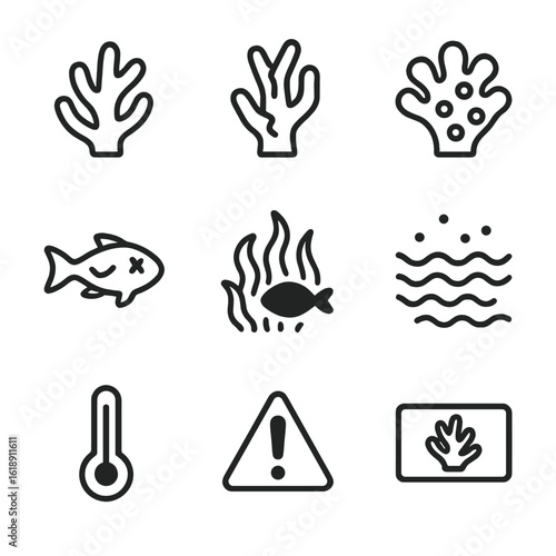 Coral Bleaching Icons. Solid, filled icon set of coral bleaching symptoms: white coral, cracked coral, faded colors, dead fish,