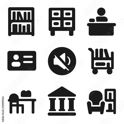 Library Icon Grid. Solid, filled icon set of library elements: bookshelf, card catalog, librarian desk, library card, quiet zone