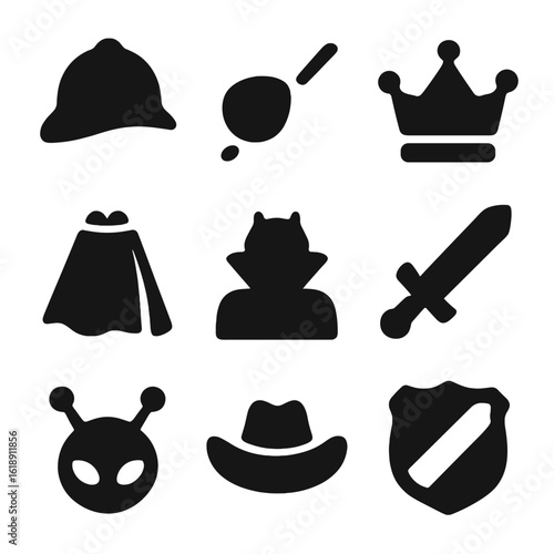 Literary Icon Grid. Solid, filled icon set of literary characters: detective hat, pirate patch, royal crown, superhero cape,