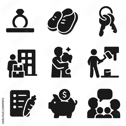 Couple Life Milestones. Solid, filled icons set of couple life milestones in daily settings: ring on shelf,