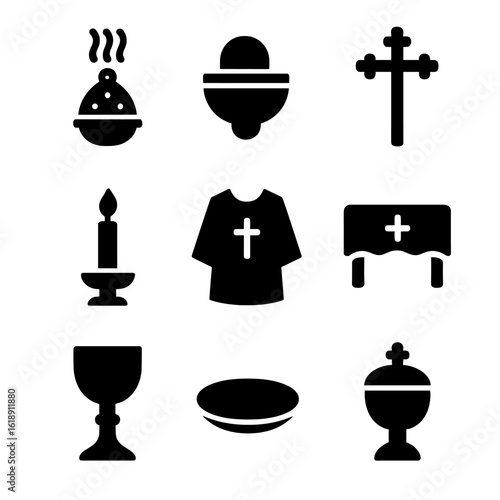 Liturgical Items Icons. Solid, filled icon set of liturgical items: incense burner, holy water font, processional cross, candle