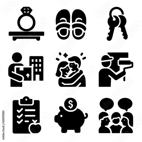 Couple Life Milestones. Solid, filled icons set of couple life milestones in daily settings: ring on shelf,