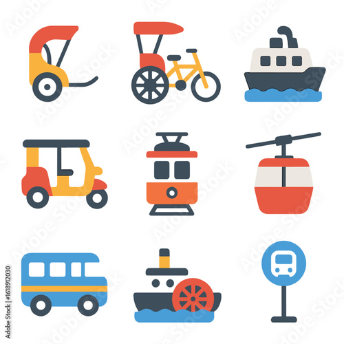 Local Transport Icons. Flat icon set of local transport adventures: rickshaw, bicycle taxi, ferry boat, tuk-tuk, vintage tram,