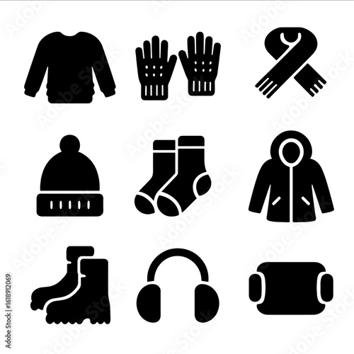 Cozy Winter Icons. Solid, filled icon set of cozy winter wear: fuzzy sweater, knitted gloves, scarf, beanie, thermal socks, parka,