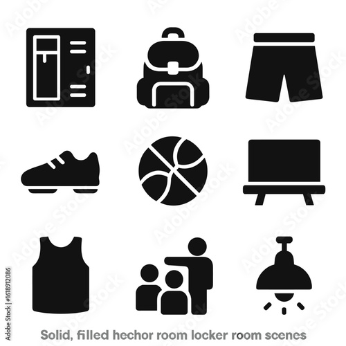 Locker Room Icons. Solid, filled icon set of high school locker room scenes: open locker, backpack, gym shorts, school shoes,
