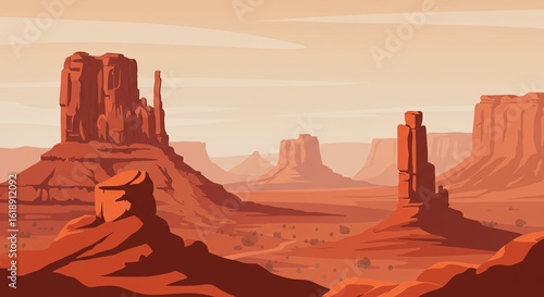 Desert Landscape Illustration: Monument Valley Scene, Arizona, Cartoon Style, Orange, Red, Sandstone Buttes, Travel Background, Nature, Scenic, Graphic Design, Animation