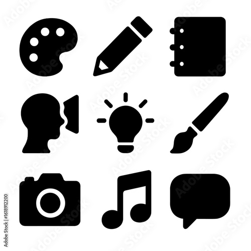Creative Inspiration Icons. Solid, filled icon set of creative inspiration: paint palette, pencil, notebook, muse, light beam,