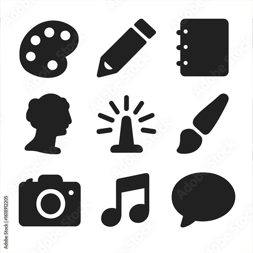 Creative Inspiration Icons. Solid, filled icon set of creative inspiration: paint palette, pencil, notebook, muse, light beam,