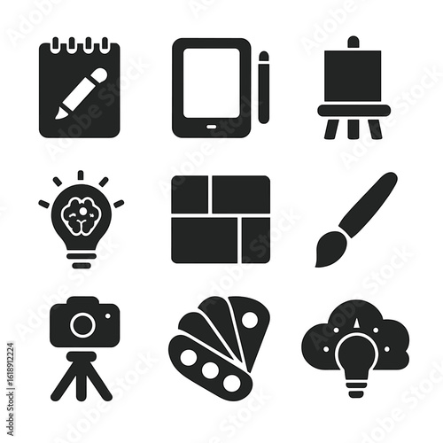 Creative Studio Icons. Solid, filled icons set of creative studio spaces: sketchpad, digital tablet, easel