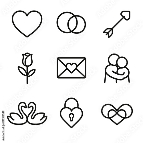 Love Icon Grid. Outline icon set of love symbols: heart, intertwined rings, cupid arrow, rose, love letter, hugging figures, pair