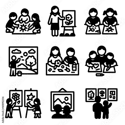 Creative Icon Set. Solid, filled icon set of Crayon drawing fun activities: group drawing, art class, coloring contest, mural