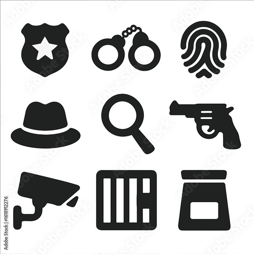 Crime Icons Grid. Solid, filled icon set of crime TV characters: police badge, handcuffs, fingerprint, detective hat, magnifying