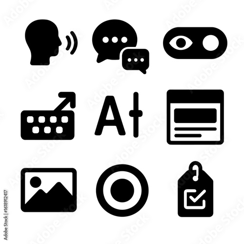 Accessibility Icons Grid. Solid, filled icons set of accessibility in quiz design: screen reader icon, text-to