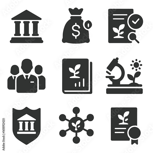 Academic Research Icon Set. Solid, filled icons set of academic and institutional research on crops: