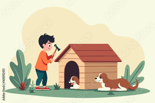 Child building a dog house with pets on background cartoon illustration