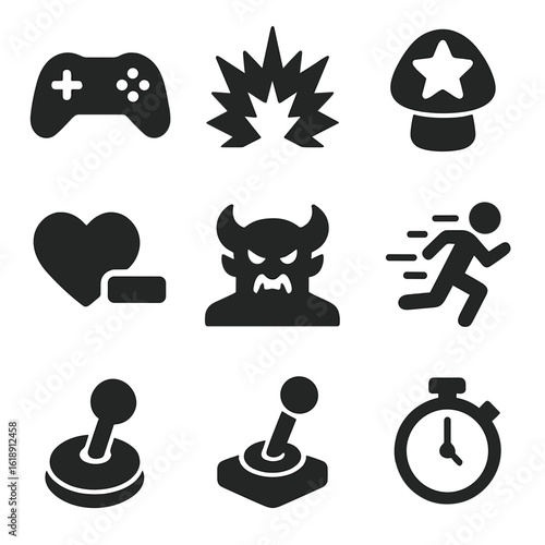 Action Game Icons. Solid, filled icons set of action games: game controller, explosion effect, power-up icon,