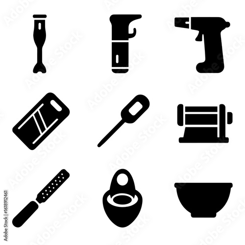 Advanced Cooking Tools Icons. Solid, filled icons set of advanced cooking tools: immersion blender, sous vide