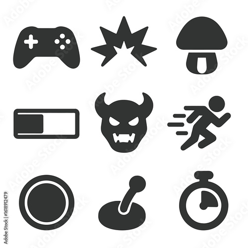 Action Game Icons. Solid, filled icons set of action games: game controller, explosion effect, power-up icon,