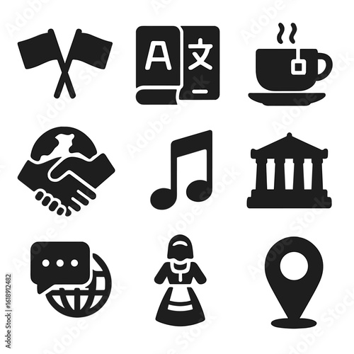 Cultural Exchange Icons. Solid, filled icons set of cultural exchange prompts: flag pair, translation book,