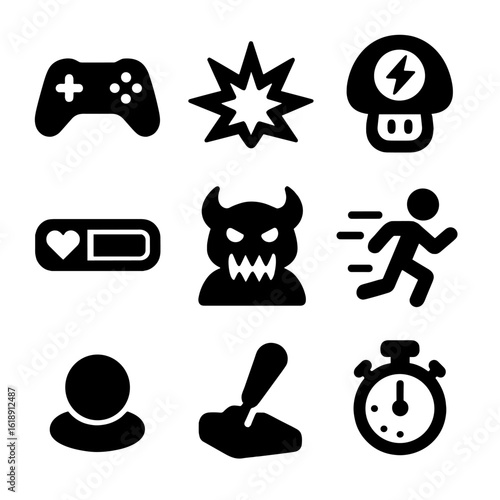 Action Game Icon Set. Solid, filled icons set of action games: game controller, explosion effect, power-up