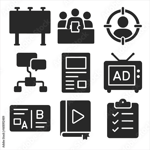 Advertising Icons Grid. Solid, filled icons set of advertising strategy sessions: billboard icon, team with
