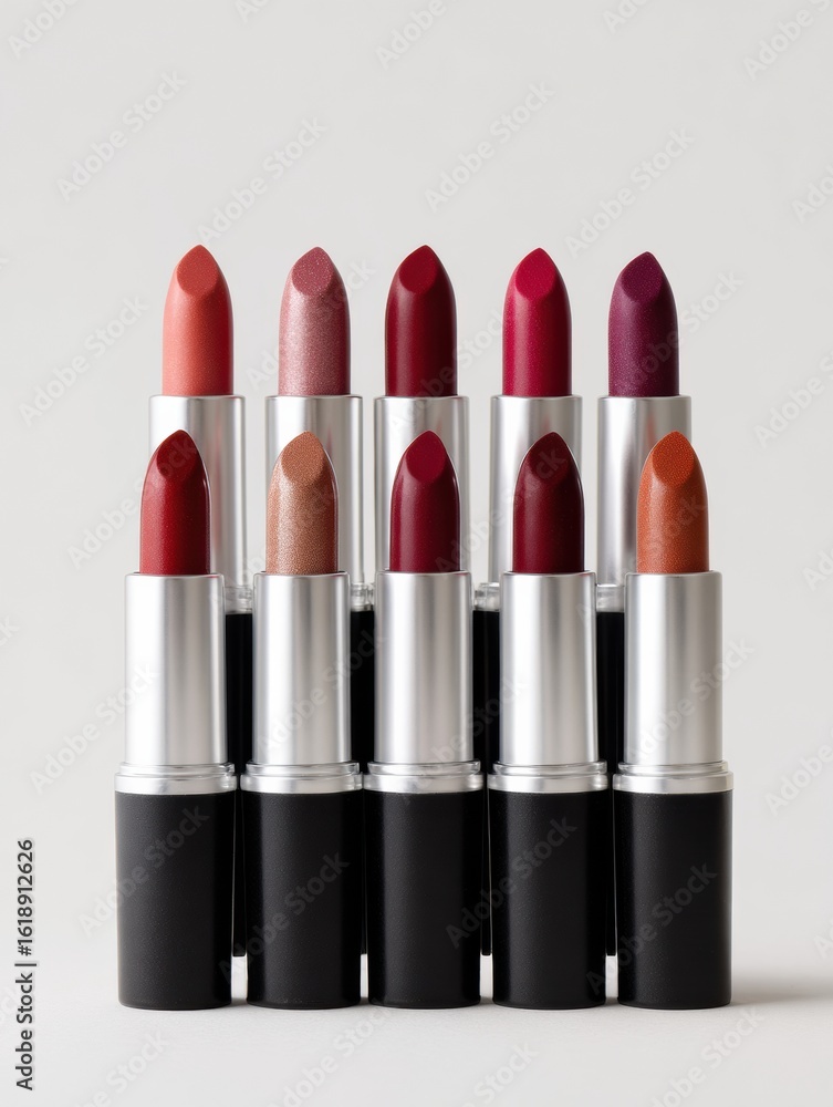 Obraz premium Bold Lip Color Lineup Displayed Vertically Showcasing a Variety of Shades in an Elegant Arrangement