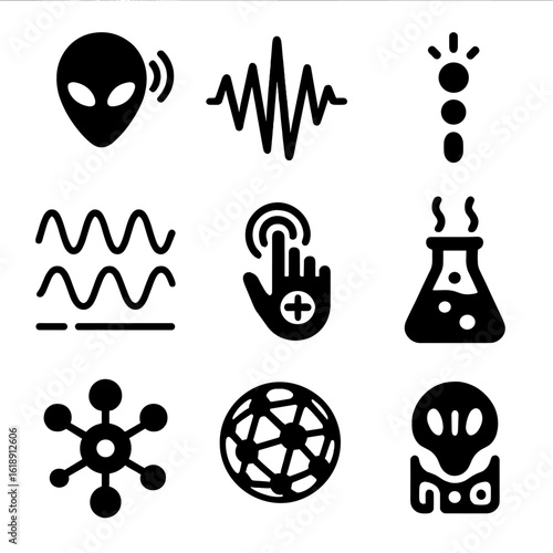 Alien Communication Icons. Solid, filled icons set of alien communication methods: telepathy icon, vibration