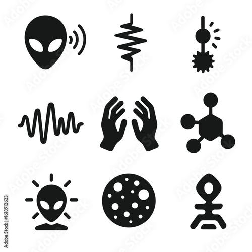 Alien Communication Icons. Solid, filled icons set of alien communication methods: telepathy icon, vibration