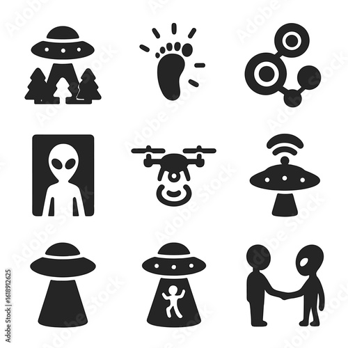 Alien Encounter Icons. Solid, filled icons set of alien encounters and sightings: UFO above trees, glowing