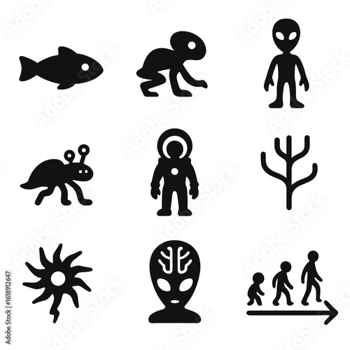 Alien Evolution Icons. Solid, filled icons set of speculative alien evolution: primitive alien fish, early