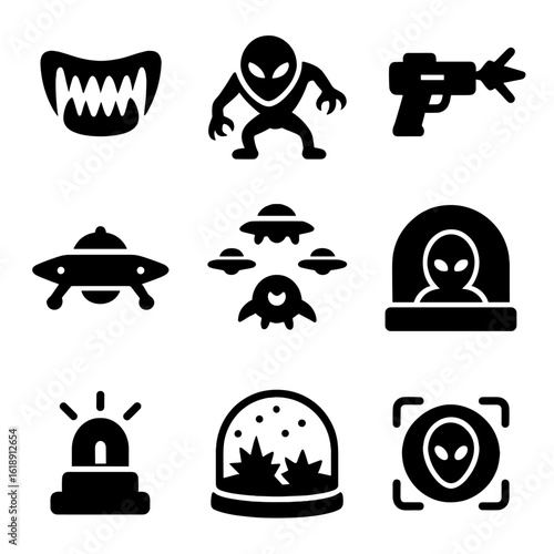 Alien Invasion Icons. Solid, filled icons set of hostile alien invaders: sharp alien teeth, attack stance,